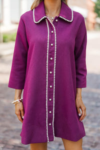The Kindness Plum Purple Pearl Embellished Button Down Dress