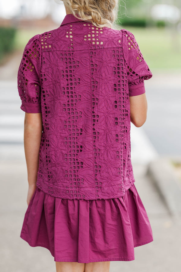 Girls: Whispering Lace Plum Babydoll Dress