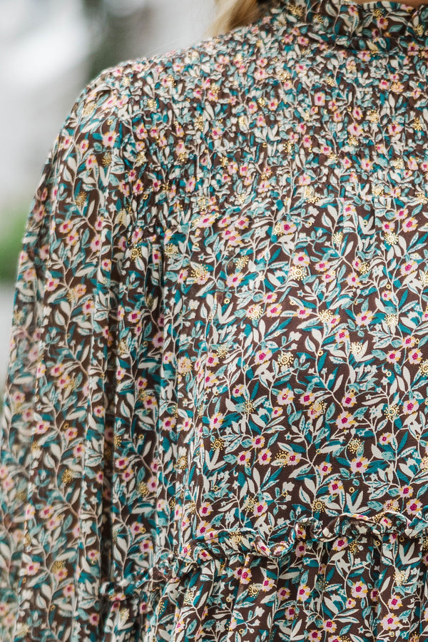 There's Something About It Brown Ditsy Floral Babydoll Dress