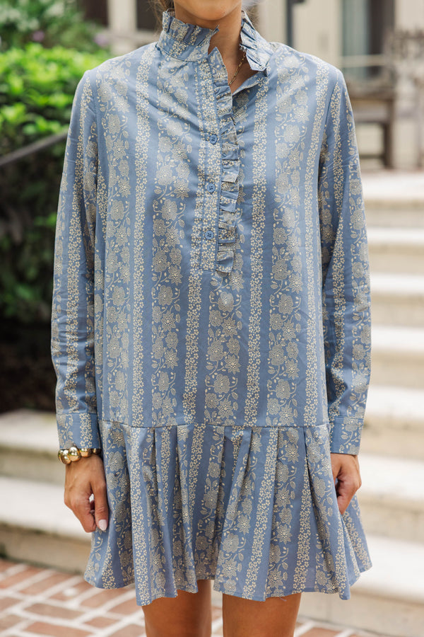 Looking For You Denim Blue Floral Shift Dress