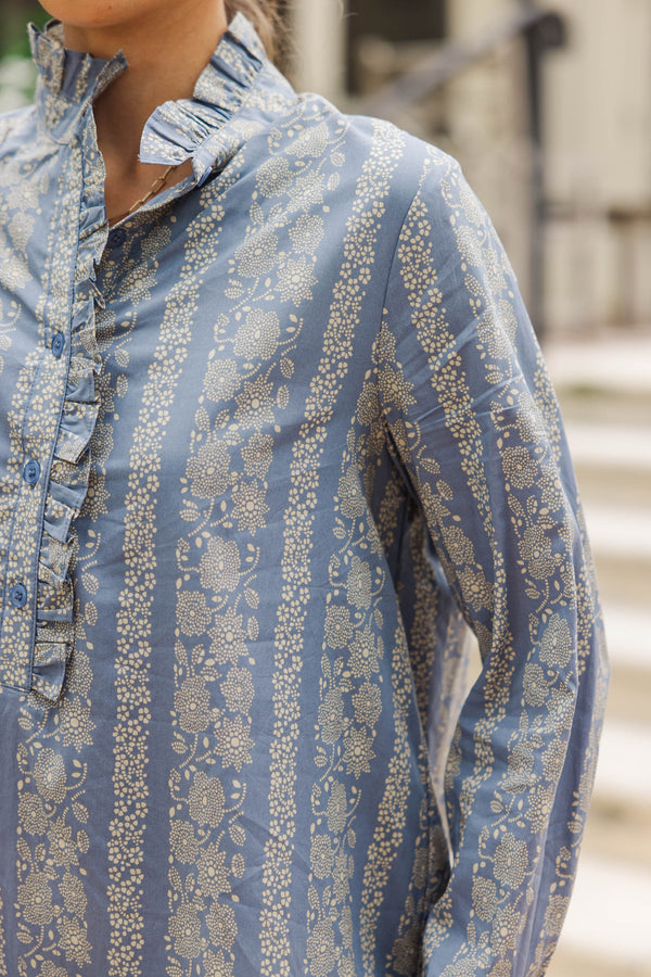 Looking For You Denim Blue Floral Shift Dress