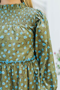 Girls: The Mariana Olive Floral Babydoll Dress