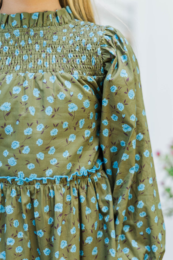 Girls: The Mariana Olive Floral Babydoll Dress