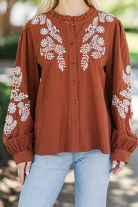Whispering Pines Brown Embroidered Blouse