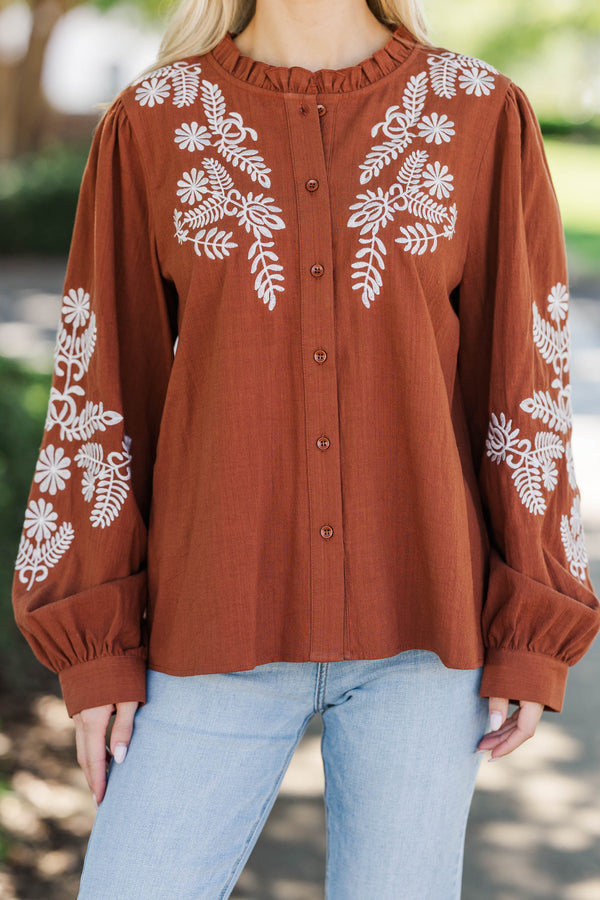 Whispering Pines Brown Embroidered Blouse