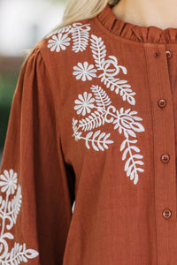 Whispering Pines Brown Embroidered Blouse