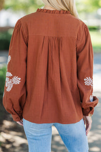 Whispering Pines Brown Embroidered Blouse