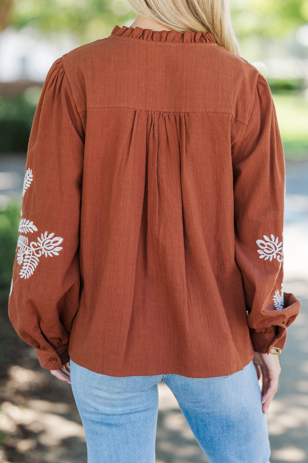 Whispering Pines Brown Embroidered Blouse