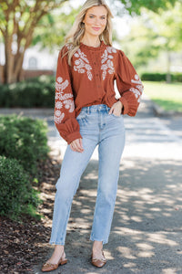 Whispering Pines Brown Embroidered Blouse