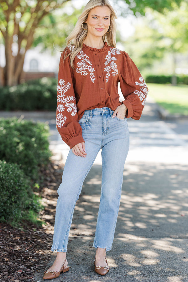 Whispering Pines Brown Embroidered Blouse