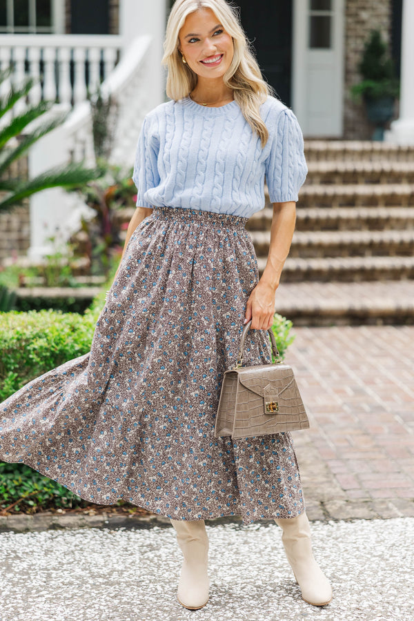 Just One Chance Brown Floral Midi Skirt