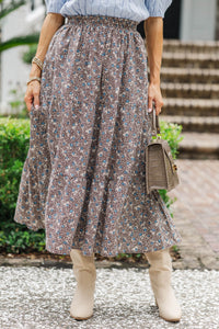 Just One Chance Brown Floral Midi Skirt