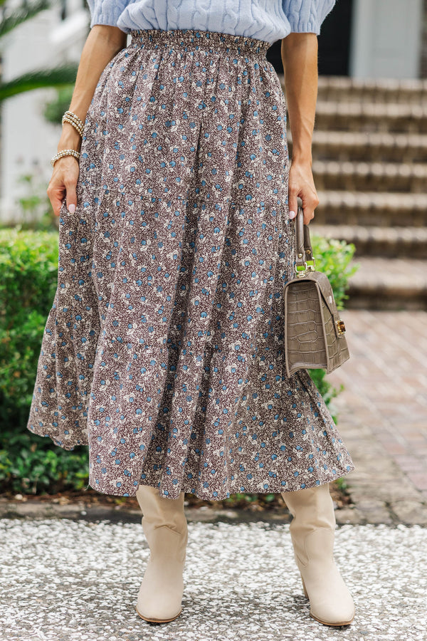 Just One Chance Brown Floral Midi Skirt