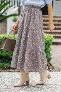 Just One Chance Brown Floral Midi Skirt