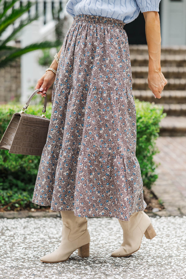 Just One Chance Brown Floral Midi Skirt