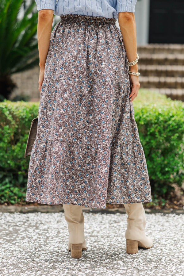 Just One Chance Brown Floral Midi Skirt