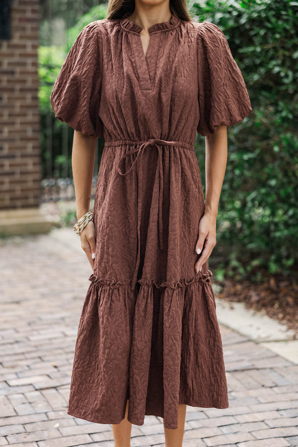 It's A Match Brown Textured Midi Dress