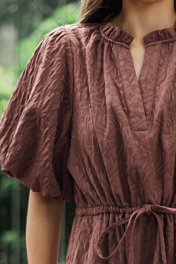brown textured midi dress Aristea Brown Textured One-Shoulder Midi Dress