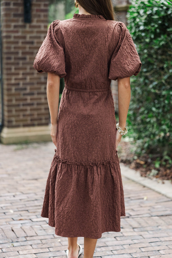 It's A Match Brown Textured Midi Dress