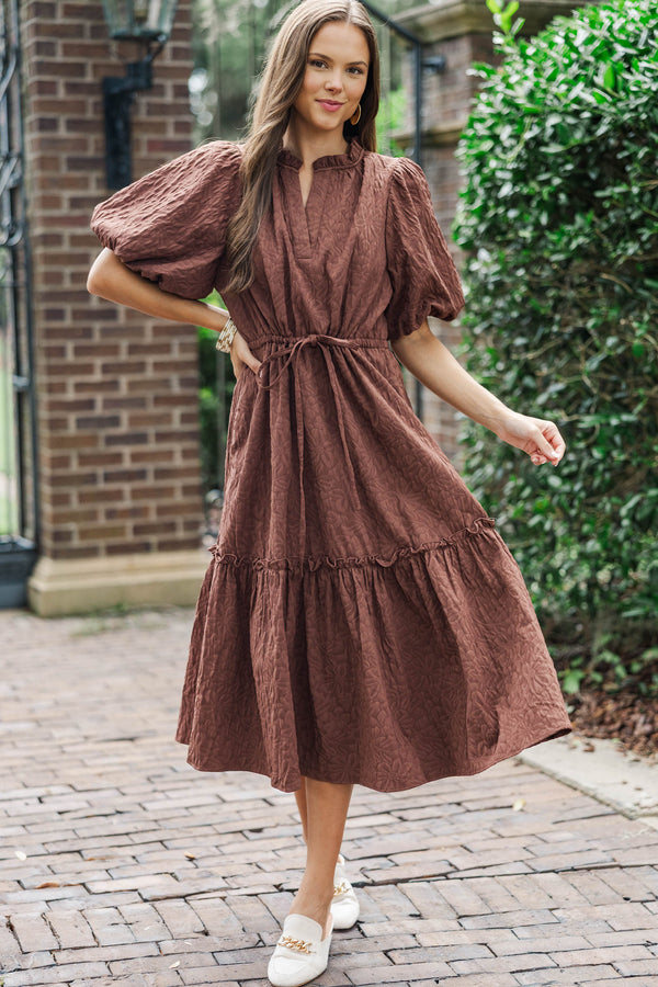 It's A Match Brown Textured Midi Dress