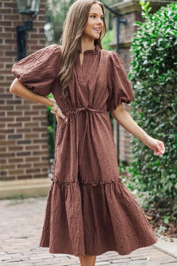 It's A Match Brown Textured Midi Dress