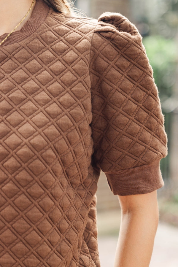 Ease Your Mind Brown Short Sleeve Quilted Top