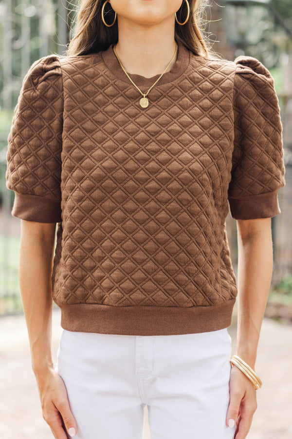 Ease Your Mind Brown Short Sleeve Quilted Top