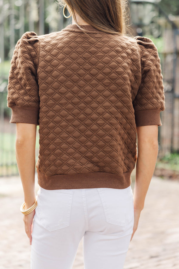 Ease Your Mind Brown Short Sleeve Quilted Top