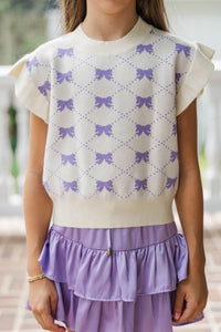 Girls: The Jessica White Bow Print Ruffle Knit Sweater