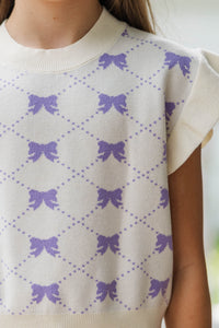 Girls: The Jessica White Bow Print Ruffle Knit Sweater