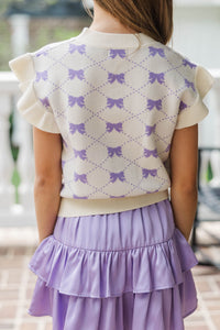 Girls: The Jessica White Bow Print Ruffle Knit Sweater