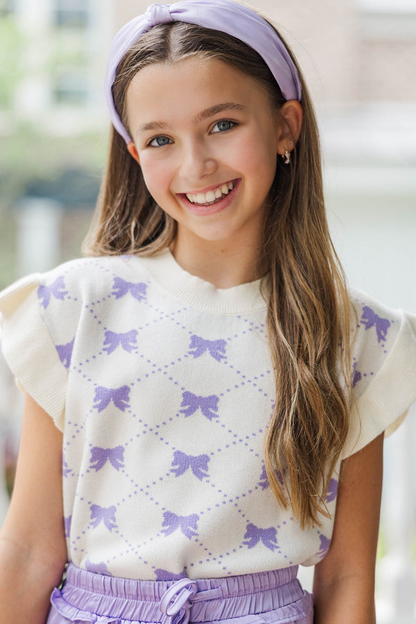 Girls: The Jessica White Bow Print Ruffle Knit Sweater