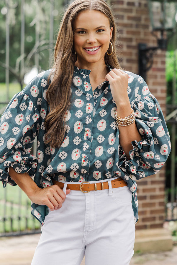 Take Your Turn Teal Medallion Blouse