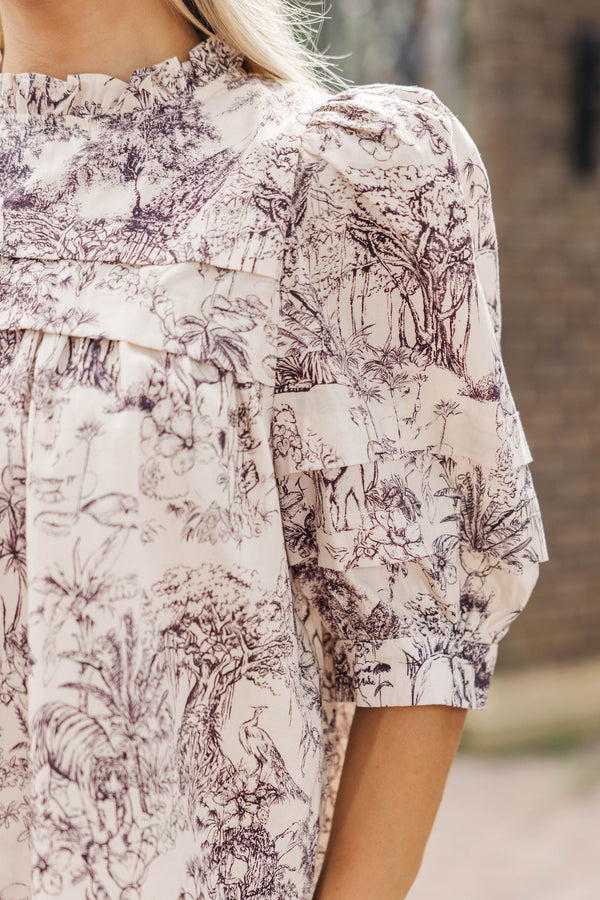 Speak Up Textured Brown Toile Blouse