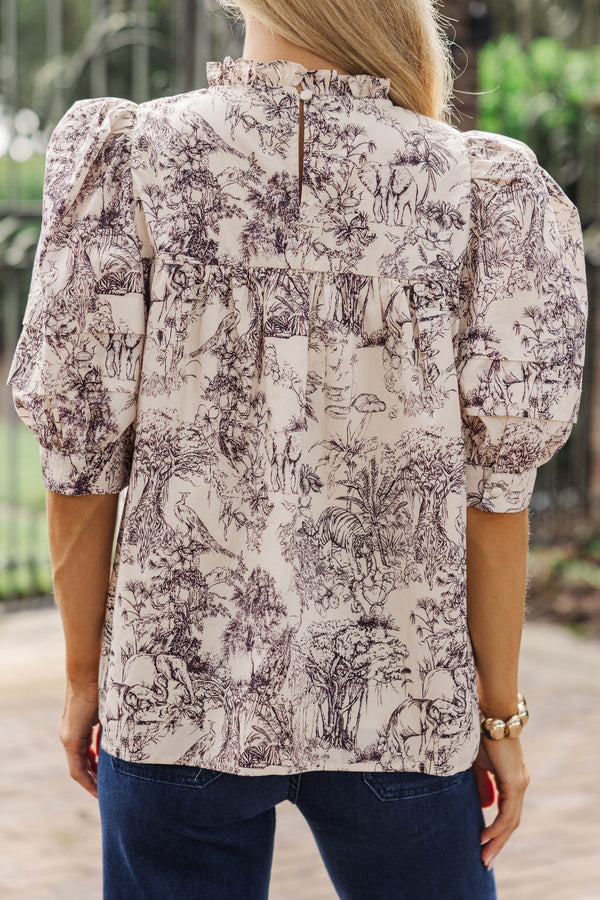 Speak Up Textured Brown Toile Blouse