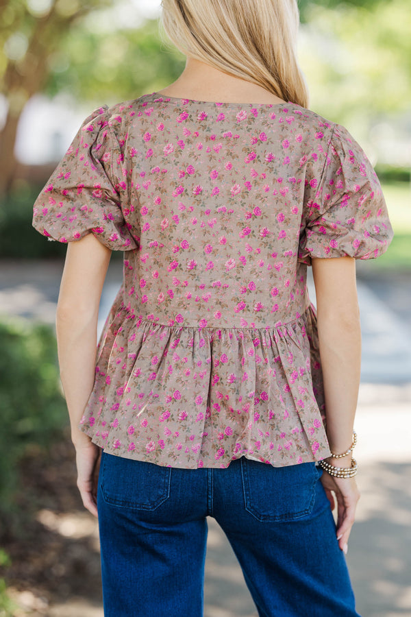 Stay In Your Sights Brown Ditsy Floral Babydoll Blouse
