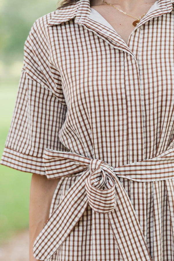 Time Spent Well Brown Gingham Midi Dress