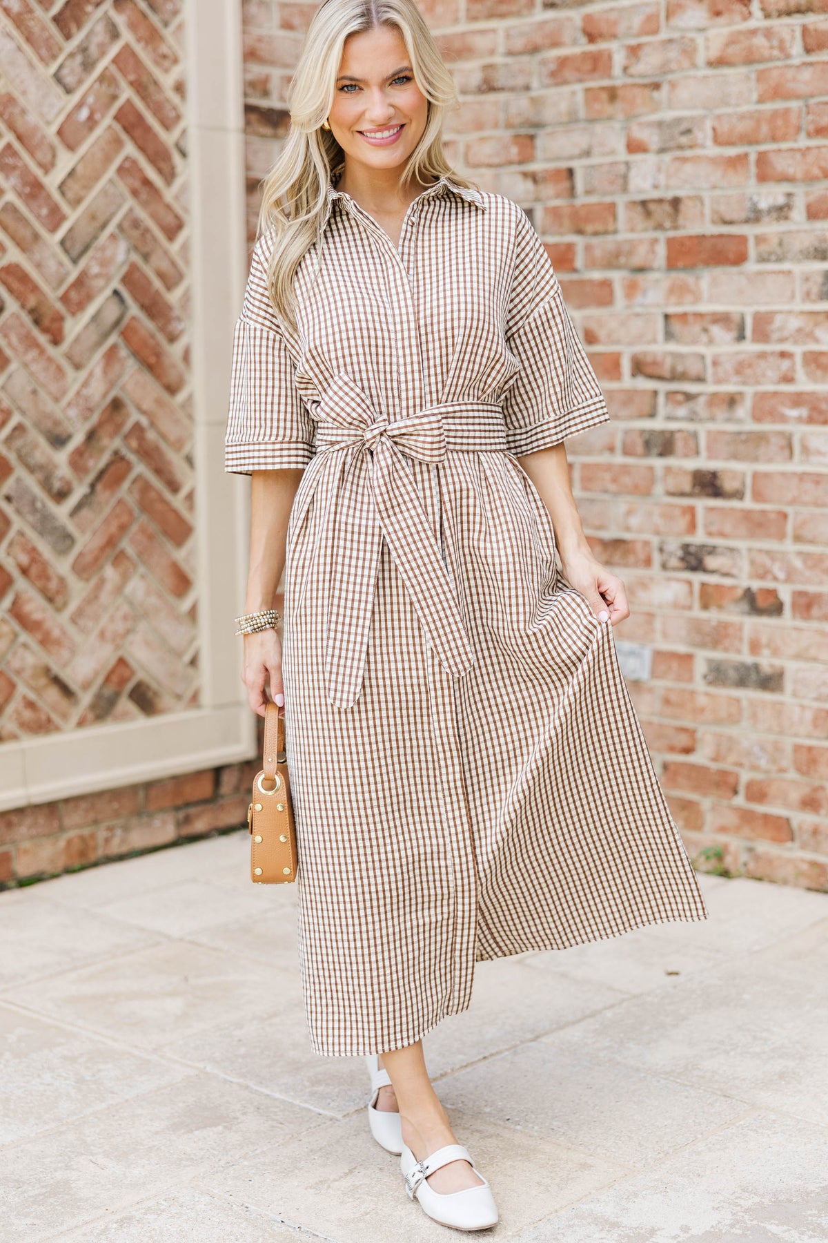 Time Spent Well Brown Gingham Midi Dress – Shop the Mint