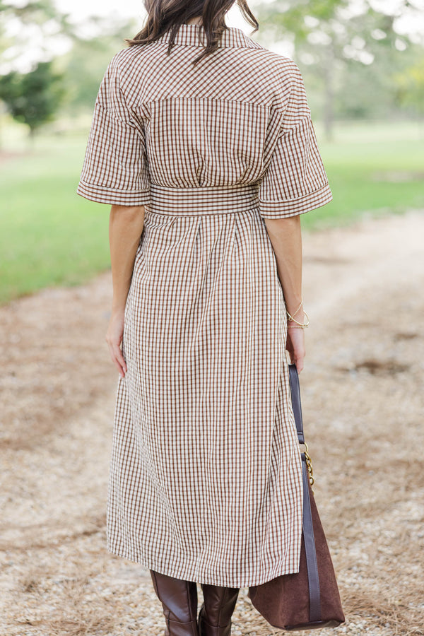 Time Spent Well Brown Gingham Midi Dress