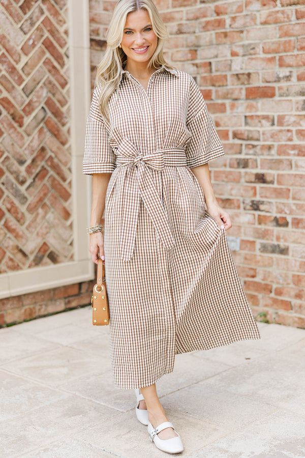 Time Spent Well Brown Gingham Midi Dress