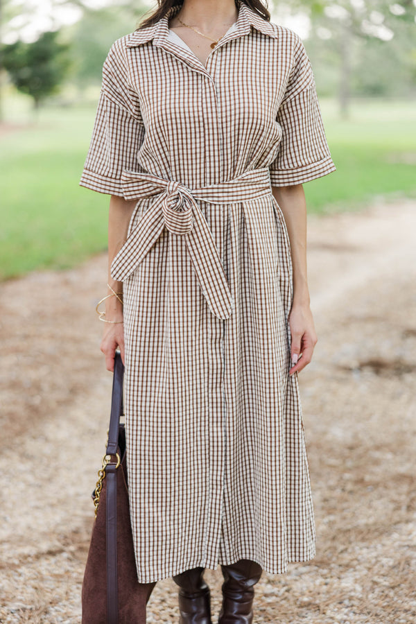 Time Spent Well Brown Gingham Midi Dress