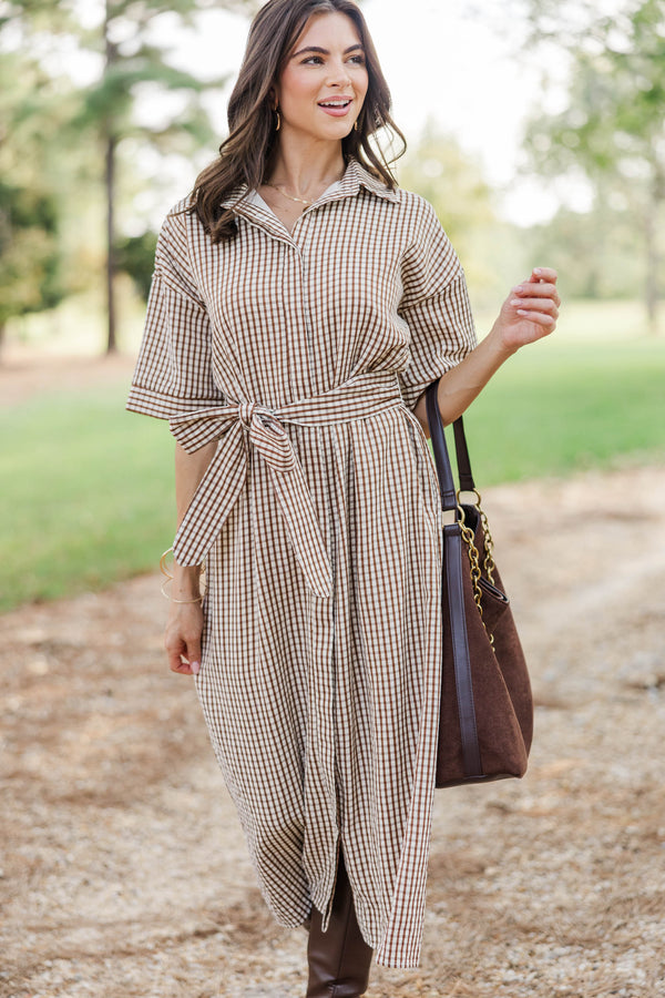 Time Spent Well Brown Gingham Midi Dress