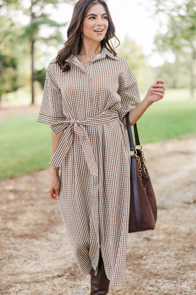 Time Spent Well Brown Gingham Midi Dress – Shop the Mint