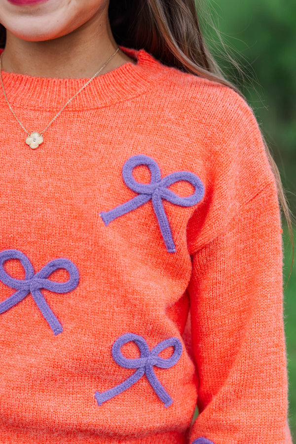 Girls: The Alyson Orange & Purple Bow Sweater
