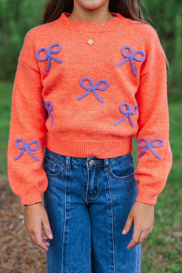 Girls: The Alyson Orange & Purple Bow Sweater