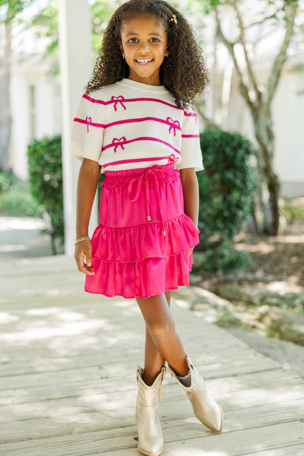 Girls: The Zoe Magenta Pink Short Sleeve Striped Bow Sweater