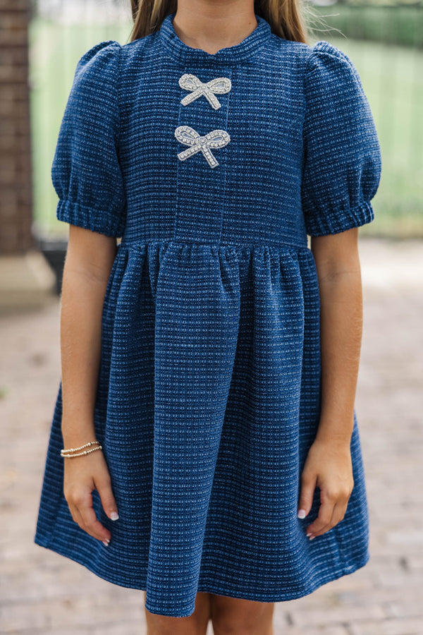 Girls: The Gwen Navy Blue Embellished Tweed Dress