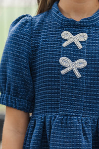 Girls: The Gwen Navy Blue Embellished Tweed Dress