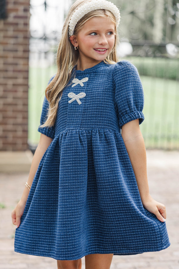 Girls: The Gwen Navy Blue Embellished Tweed Dress
