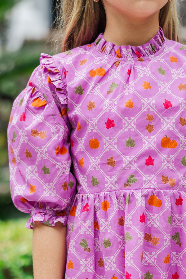 Girls: In Wonderland Plum Harvest Print Babydoll Dress